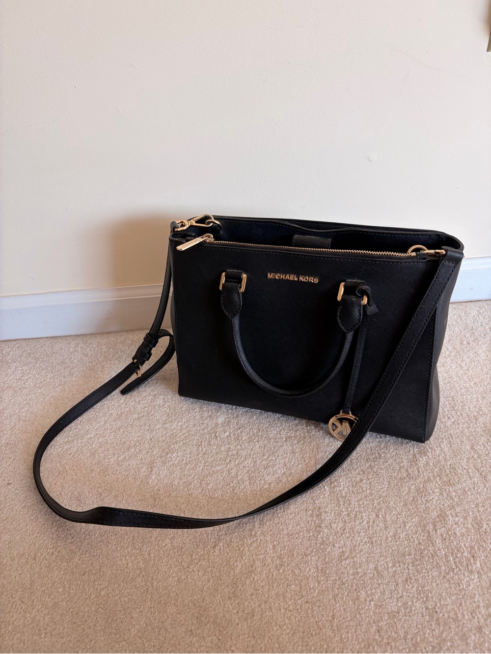 Michael Kors Black Saffiano Leather Satchel Handbag (Medium Size)